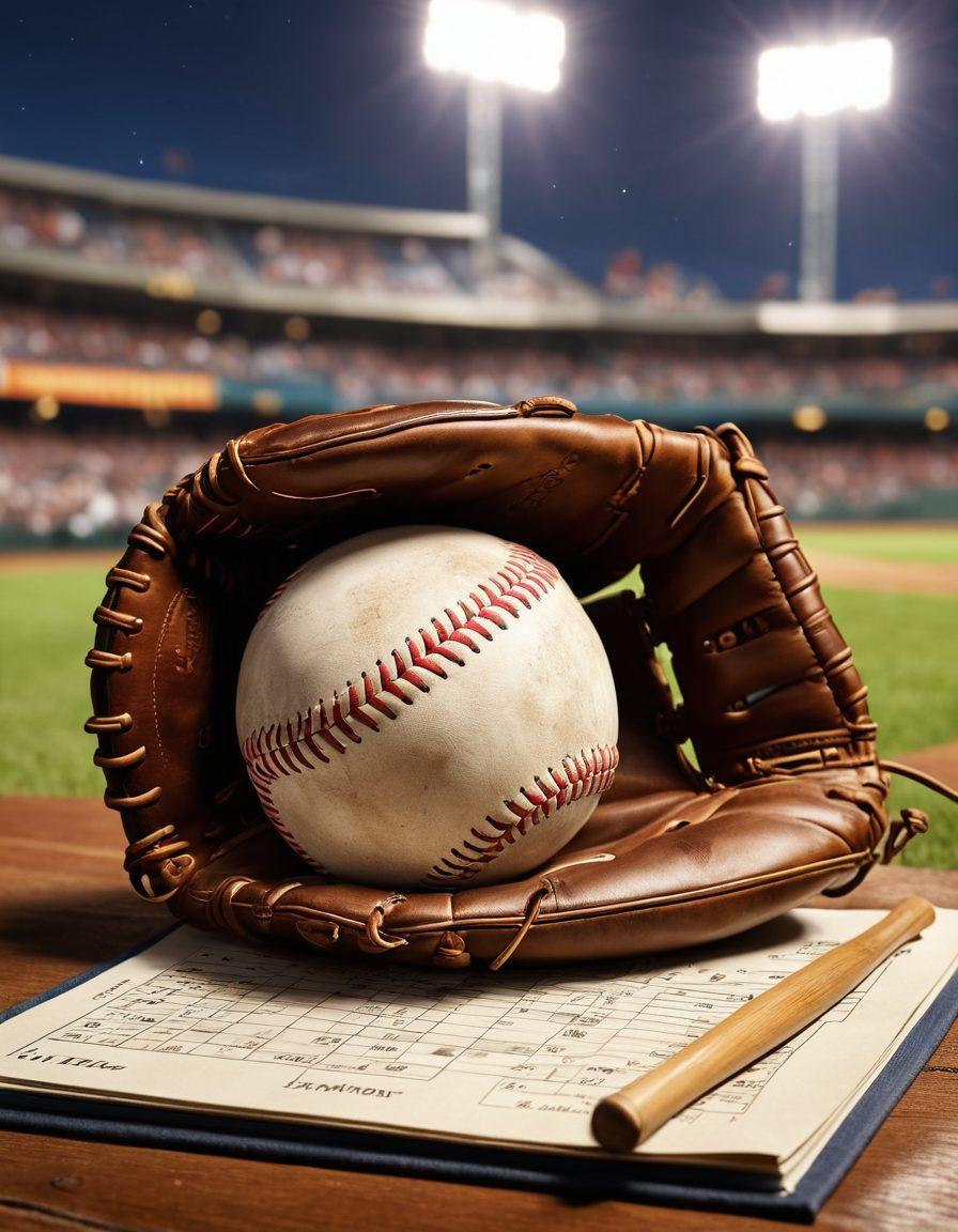 A dynamic scene featuring an open baseball scorebook with stats and performance metrics displayed vividly, surrounded by a baseball glove, bat, and a freshly used baseball. The background should have a blurred baseball field under bright stadium lights, emphasizing the thrill of the game, with elements like graphs and charts subtly overlaying the scene. super-realistic. vibrant colors. 3D.