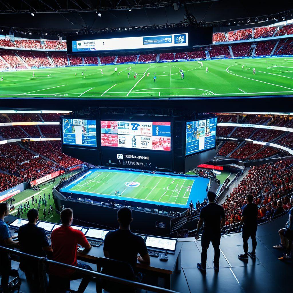 A dynamic sports scene featuring a diverse group of athletes analyzing game statistics on large digital screens, surrounded by vibrant infographics showing player stats and team performance metrics. The atmosphere is energetic, highlighting teamwork and strategy with bursts of color depicting data trends. The background includes a blurred stadium to represent the excitement of live games. super-realistic. vibrant colors. 3D.