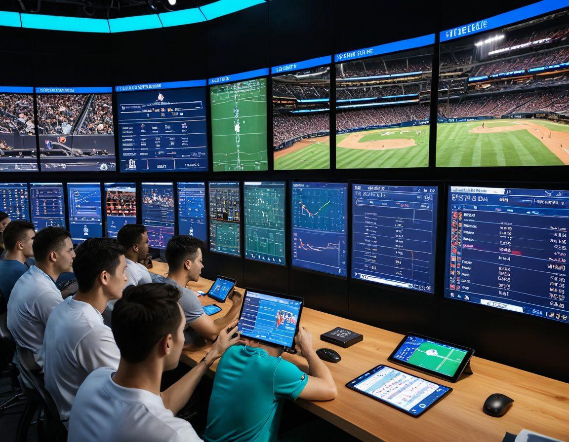 A baseball stadium filled with excited fans, where a giant screen displays colorful graphs and analytics data about player performance and game stats. In the foreground, a diverse group of analysts examining charts on tablets, blending the excitement of the game with data visuals. The scene captures a dynamic atmosphere illustrating the fusion of sports and analytics. vibrant colors. super-realistic.